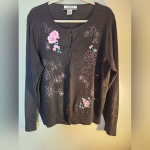 Nine & Co. Black Cardigan with Pink Floral Embroidery Sz XL